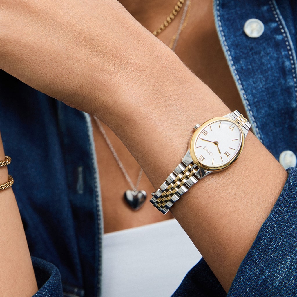 pulso senhora relógio One Legend prateado e dourado com mostrador branco