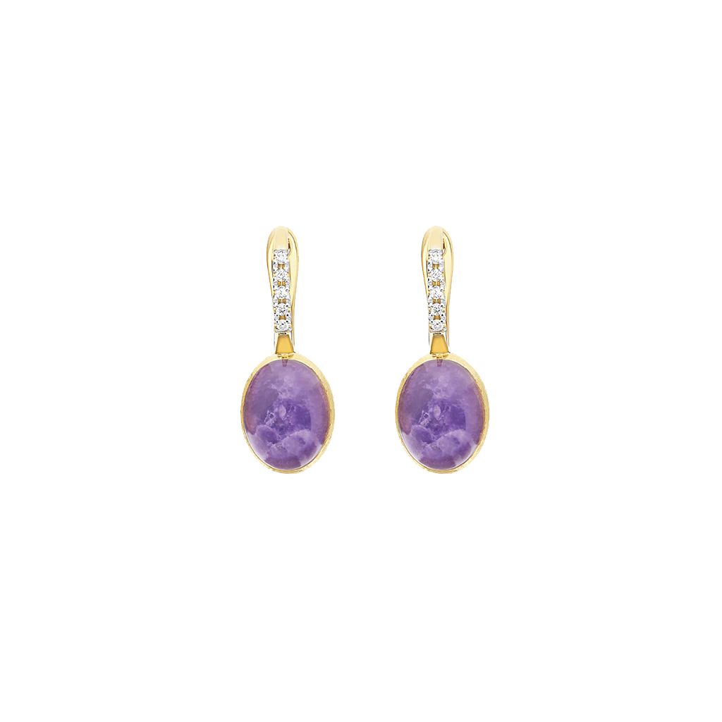 Brincos NANIS Boules dourado com duas linhas de diamantes e bola oval de lepidolite vista frente