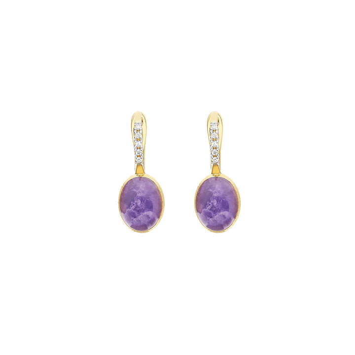 Brincos NANIS Boules dourado com duas linhas de diamantes e bola oval de lepidolite vista frente