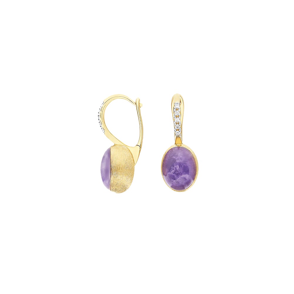 Brincos NANIS Boules dourado com duas linhas de diamantes e bola oval de lepidolite vista lateral