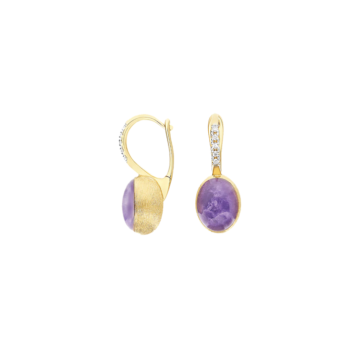 Brincos NANIS Boules dourado com duas linhas de diamantes e bola oval de lepidolite vista lateral