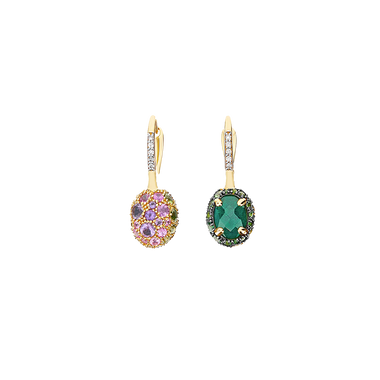 Brincos NANIS Ciliegine Reverse dourado revestida em cristais de rocha, tsavoritas, labradoritas verdes, ametistas e safiras