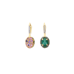 Brincos NANIS Ciliegine Reverse dourado revestida em cristais de rocha, tsavoritas, labradoritas verdes, ametistas e safiras
