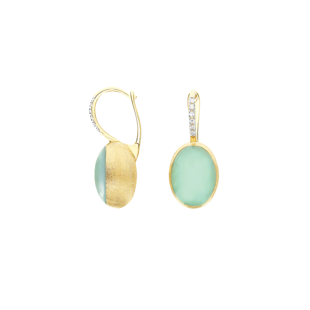 Brincos NANIS Boules dourado com duas linhas de diamantes e bola oval de jadeíta vista lateral