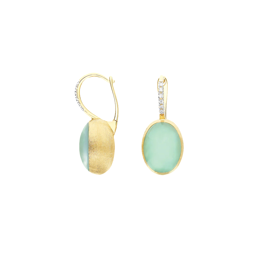 Brincos NANIS Boules dourado com duas linhas de diamantes e bola oval de jadeíta vista lateral