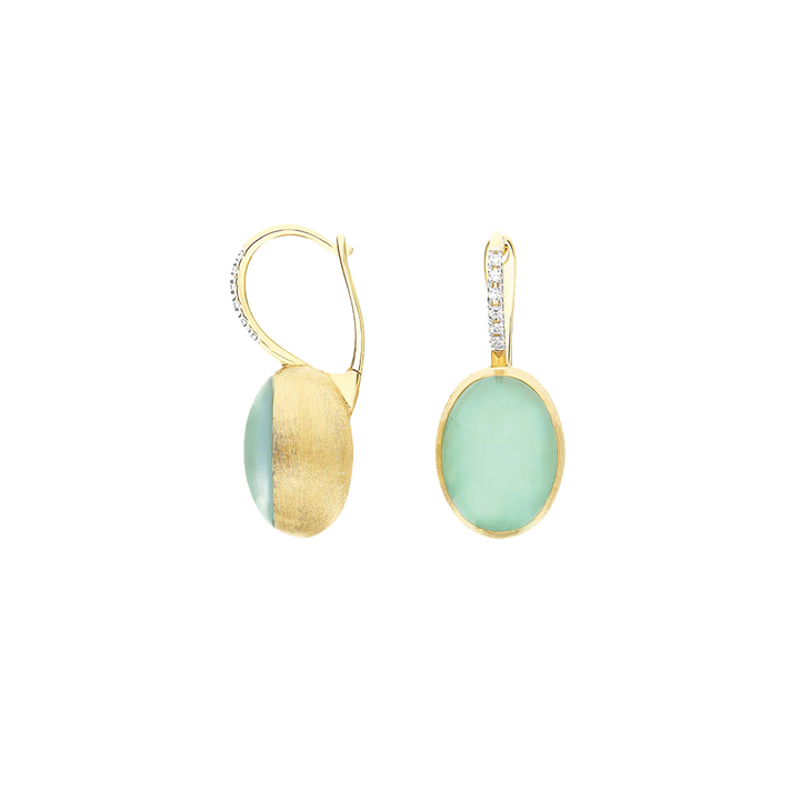 Brincos NANIS Boules dourado com duas linhas de diamantes e bola oval de jadeíta vista lateral