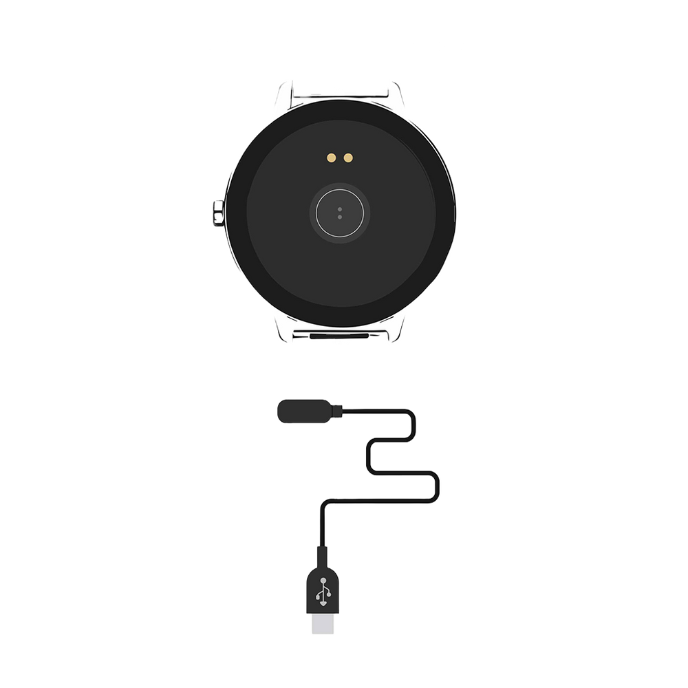 Ilustração tampa traseira Smartwatch One com duas zonas, uma para carregamento e outra para leitura de acordo com as suas funcionalidade. A de leitura das funcionalidades encontra-se no centro através de um círculo sobressaído, enquanto que o carregamento são 2 círculos metálicos ligeiramente para cima. Em baixo está o cabo de carregamento, com 2 pins com íman que conectam aos 2 círculos metálicos do smartwarch e na outra ponta está a ligação USB para conectar ao computador ou a um adaptador de corrente