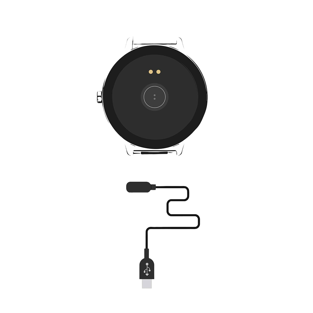 Ilustração tampa traseira Smartwatch One com duas zonas, uma para carregamento e outra para leitura de acordo com as suas funcionalidade. A de leitura das funcionalidades encontra-se no centro através de um círculo sobressaído, enquanto que o carregamento são 2 círculos metálicos ligeiramente para cima. Em baixo está o cabo de carregamento, com 2 pins com íman que conectam aos 2 círculos metálicos do smartwarch e na outra ponta está a ligação USB para conectar ao computador ou a um adaptador de corrente