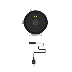 Ilustração tampa traseira Smartwatch One com duas zonas, uma para carregamento e outra para leitura de acordo com as suas funcionalidade. A de leitura das funcionalidades encontra-se no centro através de um círculo sobressaído, enquanto que o carregamento são 2 círculos metálicos ligeiramente para cima. Em baixo está o cabo de carregamento, com 2 pins com íman que conectam aos 2 círculos metálicos do smartwarch e na outra ponta está a ligação USB para conectar ao computador ou a um adaptador de corrente
