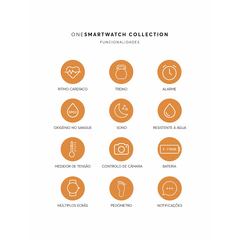 Funcionalidades do One Smartwatch de 1ª Geração: ritmo cardíaco, treino, alarme, oxigénio no sangue, sono, resistente à água, medidor de tensão, controlo de câmara, bateria, múltiplos ecrãs, pedómetro, notificações
