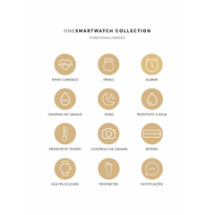 Funcionalidades do One Smartwatch de 1ª Geração: ritmo cardíaco, treino, alarme, oxigénio no sangue, sono, resistente à água, medidor de tensão, controlo de câmara, bateria, múltiplos ecrãs, pedómetro, notificações