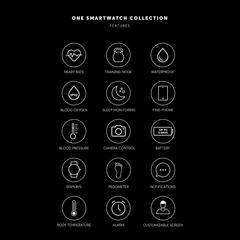 Funcionalidades do One Smartwatch de 2ª Geração: ritmo cardíaco, treino, prova de água, pressão arterial, monitorização do sono, encontrar o telemóvel, controlo de cãmara, bateria, mostradores, pedómetro, notificações, temperatura corporal, alarme, ecrã personalizável