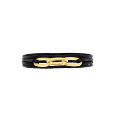Conjunto Colar & Pulseira NANIS Libera Soul - Pulseira com 3 voltas de fio preto com terminais dourados e 4 formas ovais em formato corrente dourada no centro