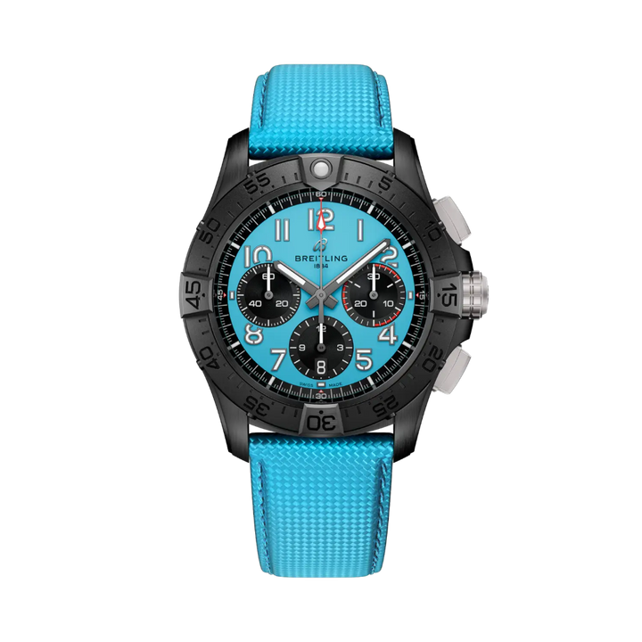 Relógio Breitling Avenger B01 Chronograph Night Vission 42mm de caixa preta, pulseira silicone e mostrador azuis