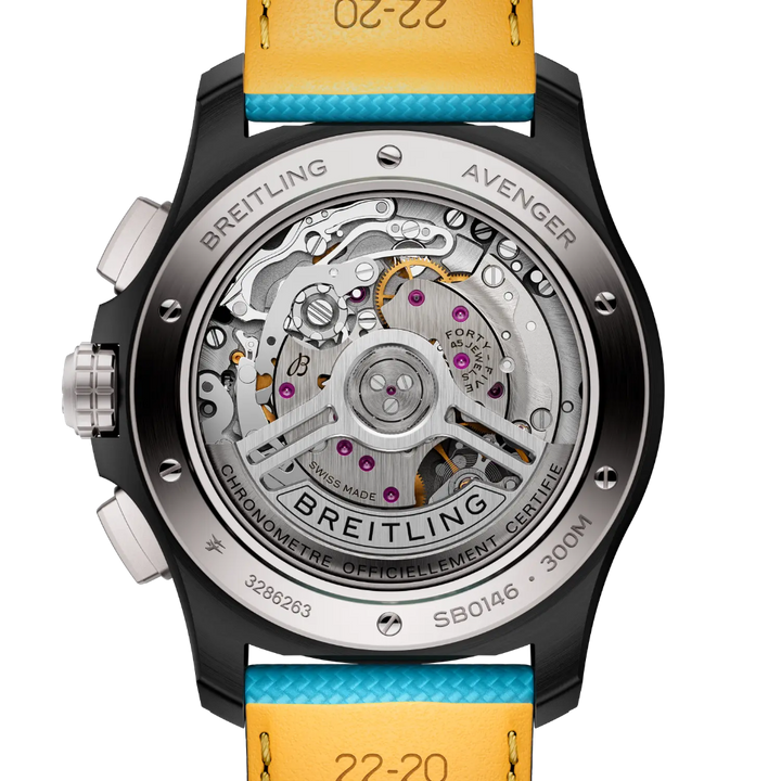 Tampa transparente do Relógio Breitling Avenger B01 Chronograph Night Vission 42mm de caixa preta, pulseira silicone e mostrador azuis