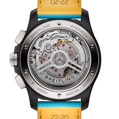 Tampa transparente do Relógio Breitling Avenger B01 Chronograph Night Vission 42mm de caixa preta, pulseira silicone e mostrador azuis