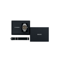 Caixa do Relógio Prospex 1965 Heritage Diver's 300m Aniversário dos 100 anos da Seiko prateado com mostrador preto, detalhes dourados e pulseira nylon preta