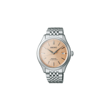 relógio presage prateado com mostrador laranja