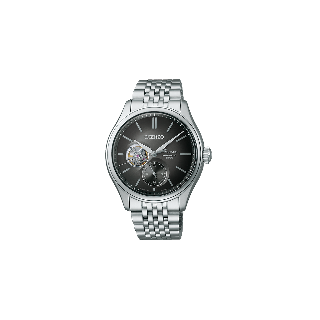 Relógio Presage Classic Series prateado com mostrador preto com movimento interno exposto e cronómetro