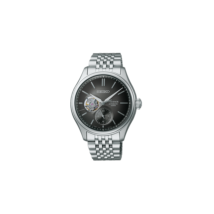Relógio Presage Classic Series prateado com mostrador preto com movimento interno exposto e cronómetro