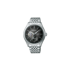 Relógio Presage Classic Series prateado com mostrador preto com movimento interno exposto e cronómetro