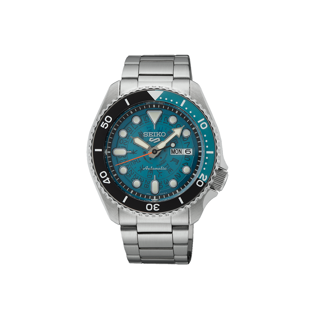 imagem frontal do relógio 5 Sports Black-Blue pulseira de aço inoxidável prateado com mostrador azul transparente