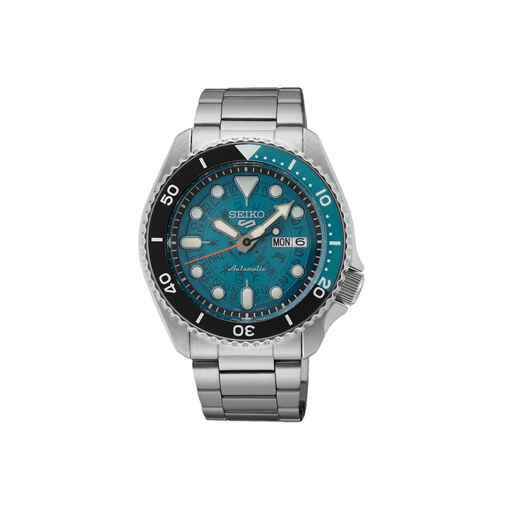 imagem frontal do relógio 5 Sports Black-Blue pulseira de aço inoxidável prateado com mostrador azul transparente