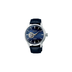 relógio presage prateado com mostrador e pulseira de pele azuis