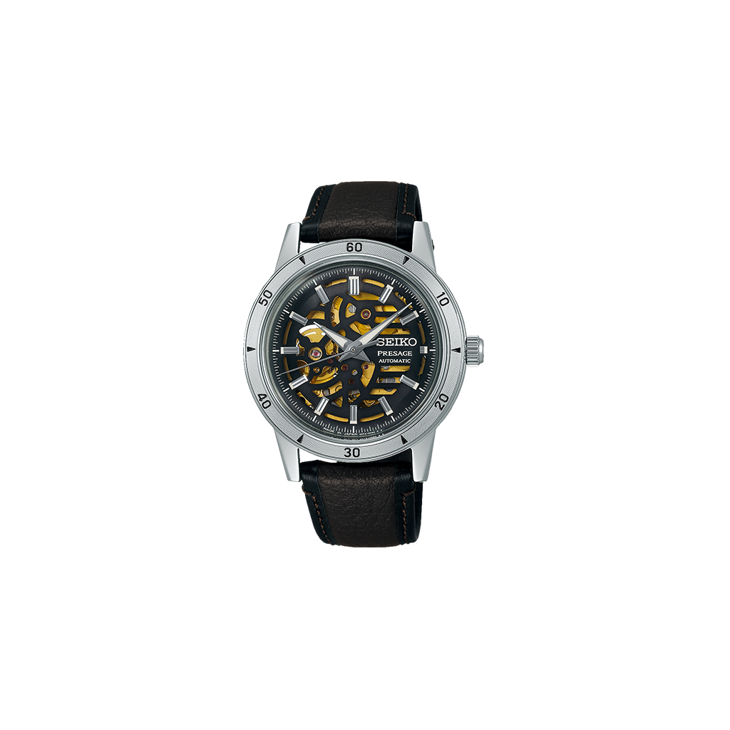 Relógio Seiko Presage Style 60's 39.5mm de pulseira pele preta e castanha, com caixa prateada e  mostrador preto com detalhes amarelos