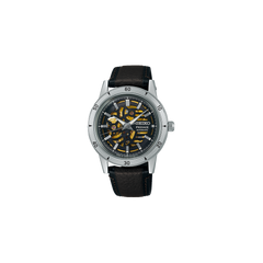 Relógio Seiko Presage Style 60's 39.5mm de pulseira pele preta e castanha, com caixa prateada e  mostrador preto com detalhes amarelos