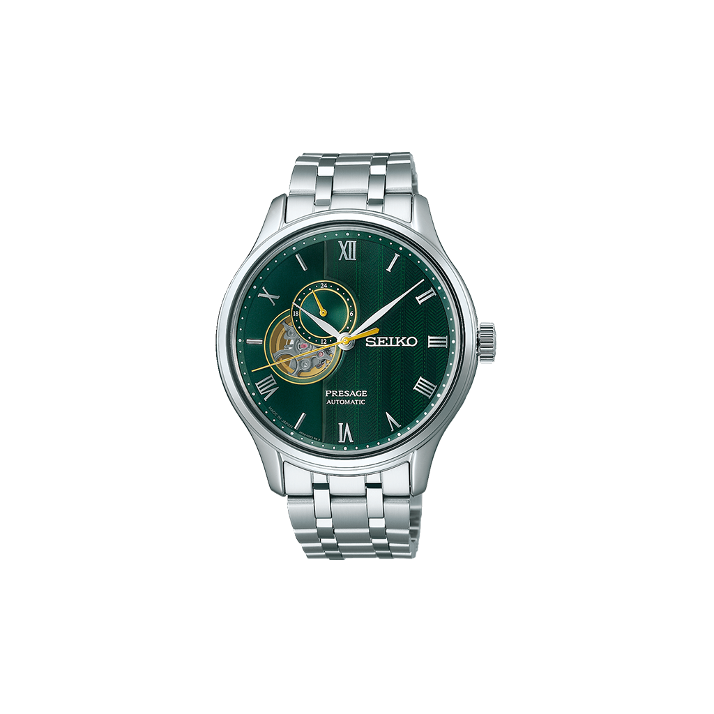Relógio Seiko Presage Japanese Garden 41.8mm de pulseira e caixa prateadas, e mostrador dourados com indicação de dia da semana e mês