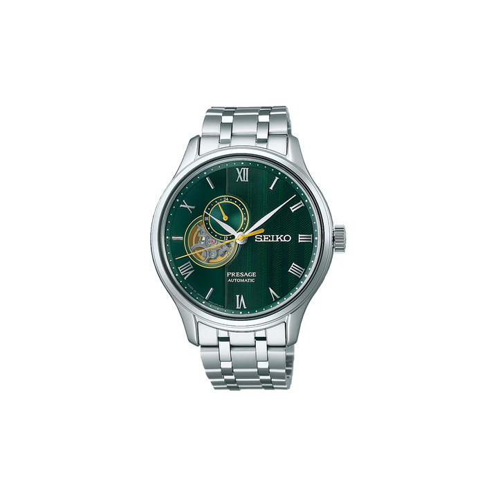 Relógio Seiko Presage Japanese Garden 41.8mm de pulseira e caixa prateadas, e mostrador dourados com indicação de dia da semana e mês