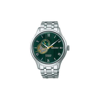 Relógio Seiko Presage Japanese Garden 41.8mm de pulseira e caixa prateadas, e mostrador dourados com indicação de dia da semana e mês