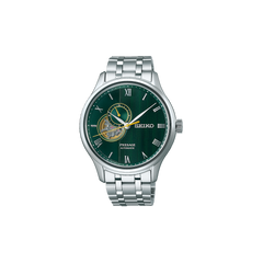 Relógio Seiko Presage Japanese Garden 41.8mm de pulseira e caixa prateadas, e mostrador dourados com indicação de dia da semana e mês