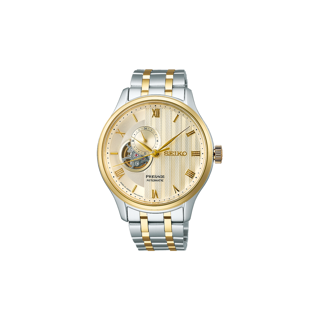 Relógio Seiko Presage Japanese Garden 41.8mm de pulseira prateada com duas linhas douradas, de caixa e mostrador dourados com indicação de dia da semana e mês