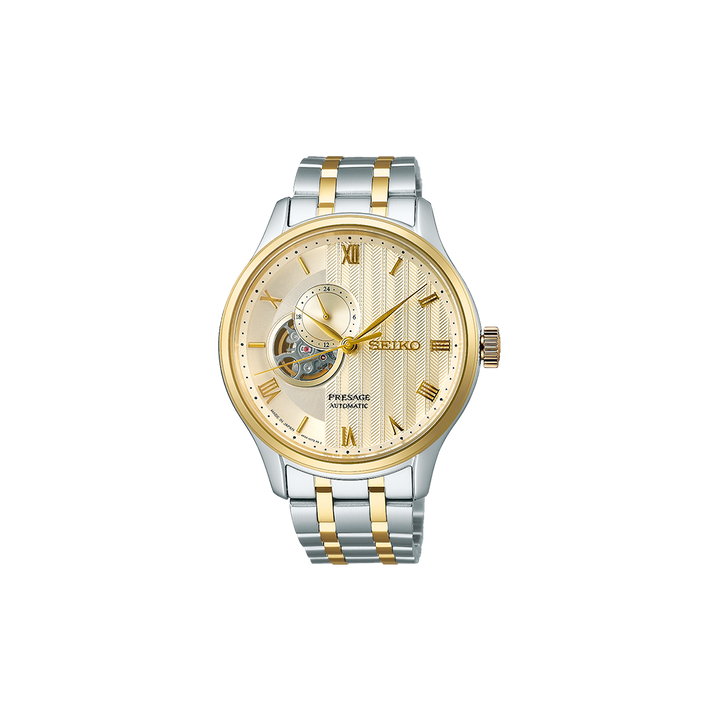 Relógio Seiko Presage Japanese Garden 41.8mm de pulseira prateada com duas linhas douradas, de caixa e mostrador dourados com indicação de dia da semana e mês