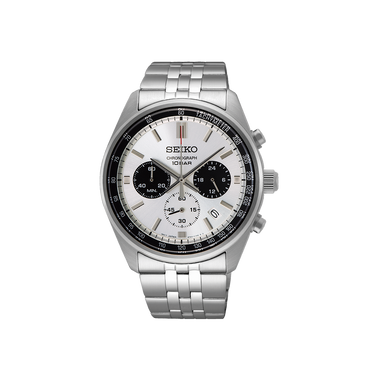 Um relógio de pulso de aço inoxidável com pulseira prateada e mostrador preto. O relógio tem uma caixa redonda com bordas texturizadas, lembrando uma engrenagem ou roda dentada, sugerindo que pode ter recursos adicionais como cronógrafo ou taquímetro. Os ponteiros ou números no mostrador não são visíveis devido a uma porção central obscurecida.