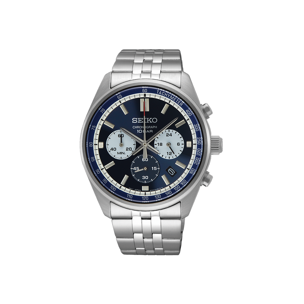 Descubra o relógio cronógrafo Seiko de aço inoxidável com mostrador azul. Com submostradores funcionais, detalhes luminosos e design sofisticado, este relógio oferece a elegância e a precisão de uma marca de luxo a um preço acessível. Ideal para homens que valorizam estilo e qualidade.