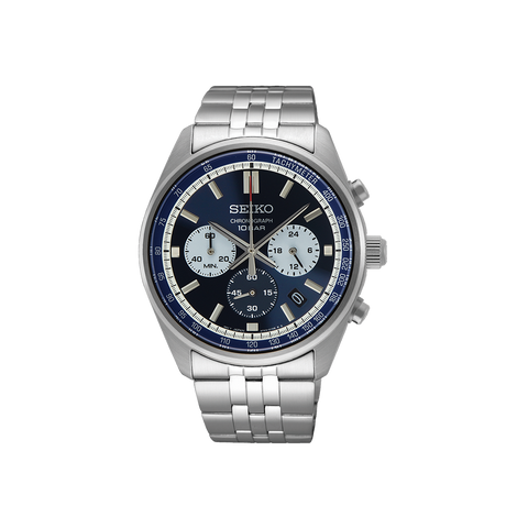 Descubra o relógio cronógrafo Seiko de aço inoxidável com mostrador azul. Com submostradores funcionais, detalhes luminosos e design sofisticado, este relógio oferece a elegância e a precisão de uma marca de luxo a um preço acessível. Ideal para homens que valorizam estilo e qualidade.
