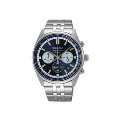 Descubra o relógio cronógrafo Seiko de aço inoxidável com mostrador azul. Com submostradores funcionais, detalhes luminosos e design sofisticado, este relógio oferece a elegância e a precisão de uma marca de luxo a um preço acessível. Ideal para homens que valorizam estilo e qualidade.