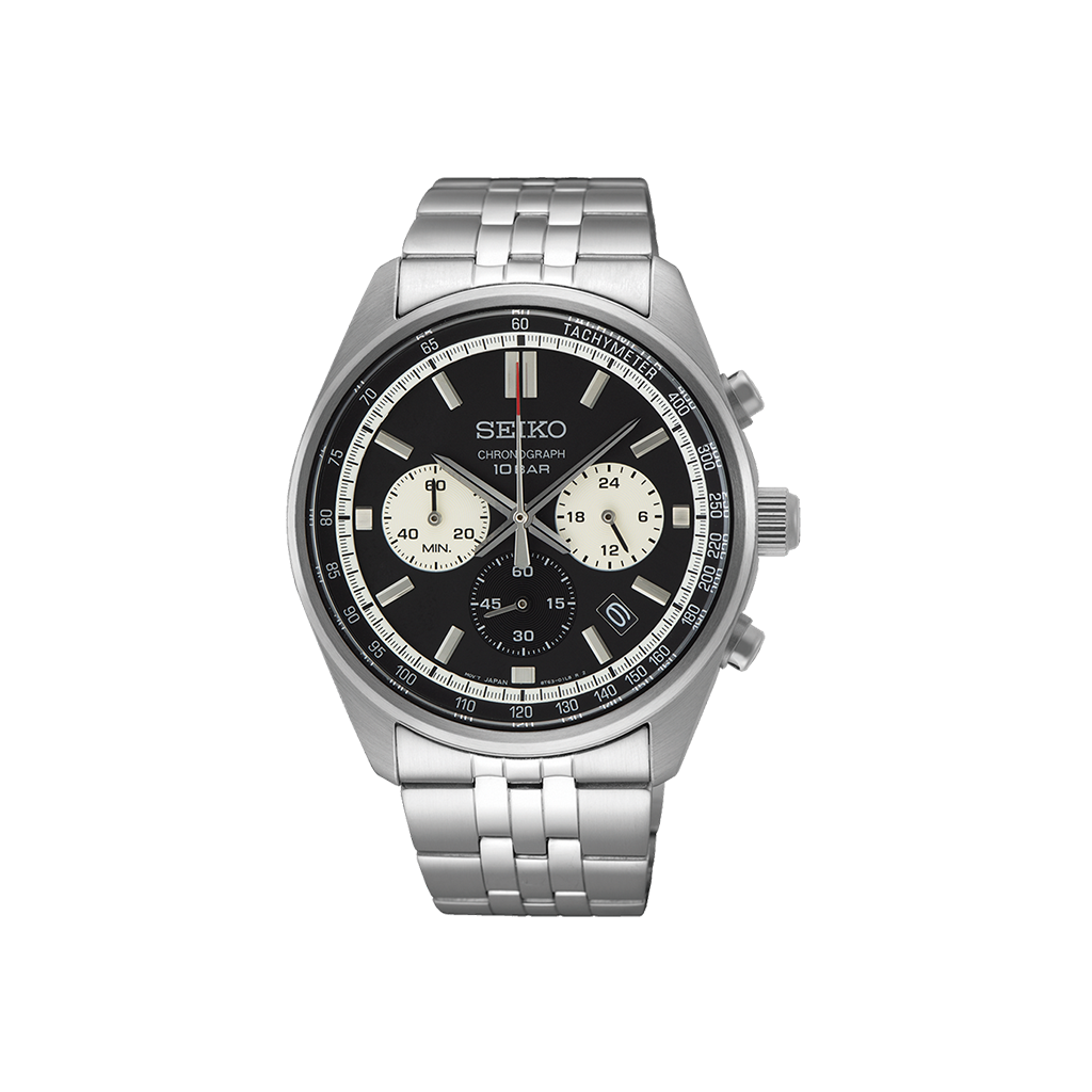 Um relógio Seiko de aço inoxidável com mostrador preto, apresentando múltiplos submostradores e um visor de data. O relógio possui uma pulseira metálica, ponteiros e marcadores de hora luminosos. O aro tem marcações de minutos e o mostrador inclui o logotipo da Seiko sob a posição das 12 horas.