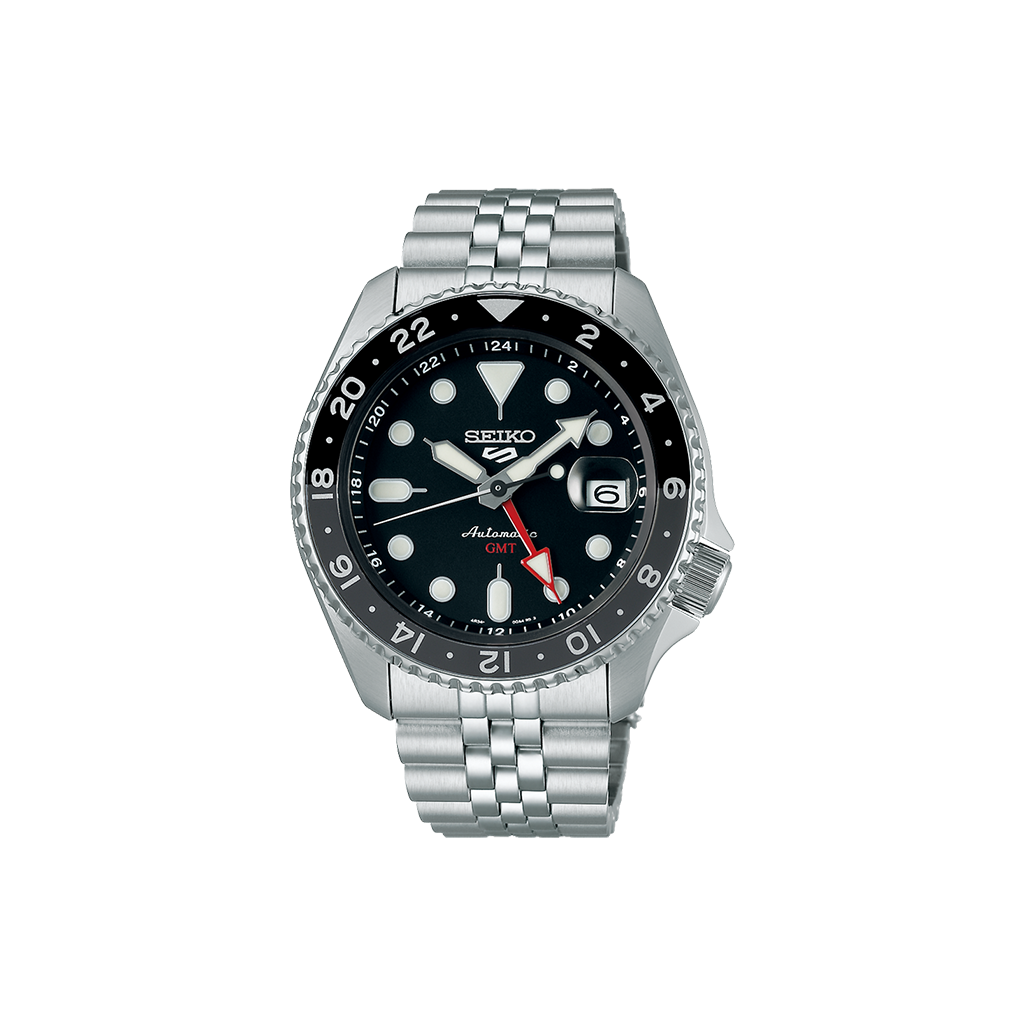 imagem frontal do Relógio SEIKO 5 Sports Black 42.5mm com mostrador preto e detalhes em cinzento, branco e vermelho 
