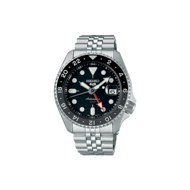 imagem frontal do Relógio SEIKO 5 Sports Black 42.5mm com mostrador preto e detalhes em cinzento, branco e vermelho 