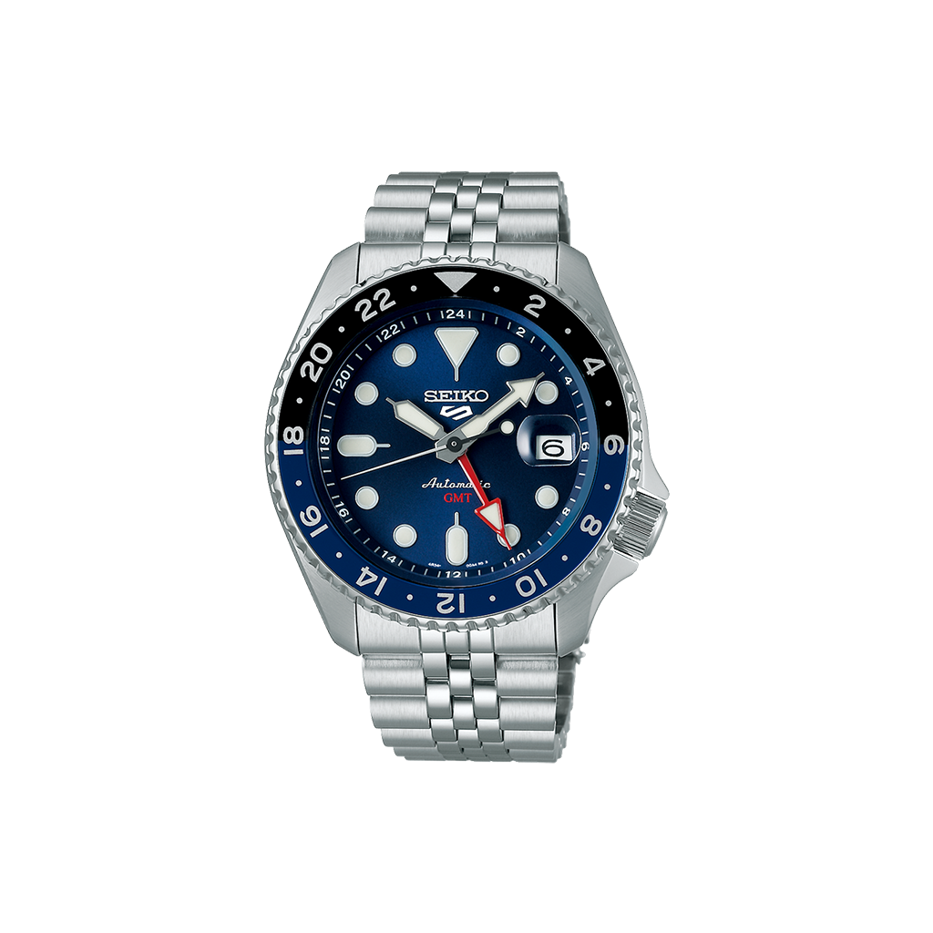 imagem frontal do relógio  SEIKO 5 Sports Blue 42.5mm. Este relógio masculino desportivo com bracelete e caixa em aço e mostrador azul