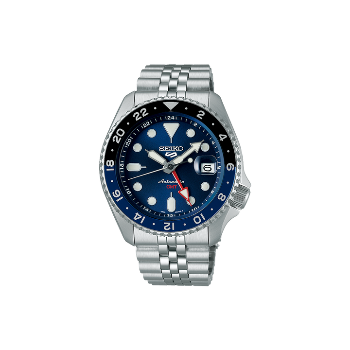 imagem frontal do relógio  SEIKO 5 Sports Blue 42.5mm. Este relógio masculino desportivo com bracelete e caixa em aço e mostrador azul