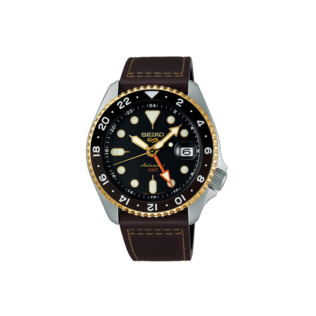 Relógio Seiko 5 Sports SKX Specialist Style 42.5mm de pulseira pele castanha com caixa prateada e dourada e  mostrador preto com indicação do dia do mês