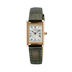 relógio ladies rosa dourado com pulseira pele verde e mostrador branco retangular