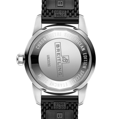 Tampa prateada do Relógio Breitling Superocean Heritage B20 Automatic 44mm de caixa prateada, pulseira silicone e mostrador pretos com detalhes rosa dourado