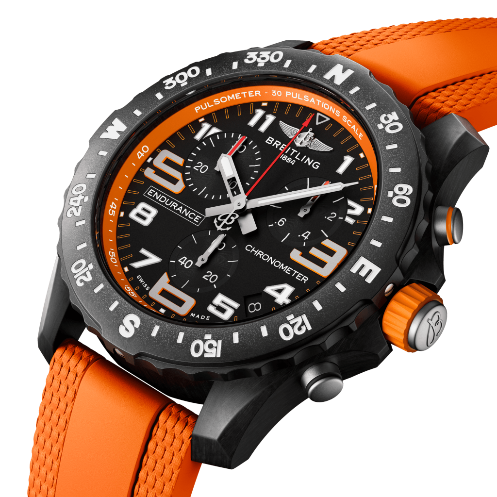 detalhe mostrador preto relógio endurance pro laranja