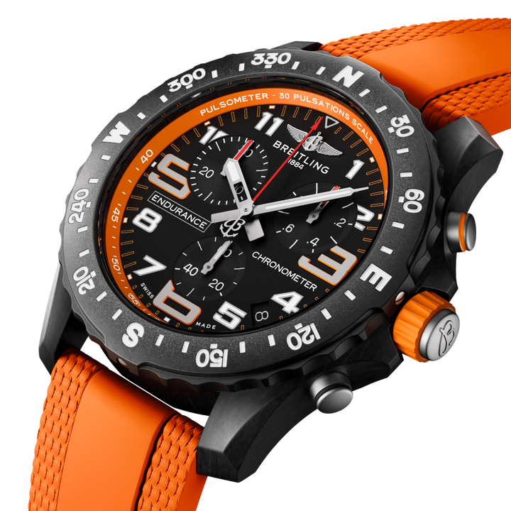detalhe mostrador preto relógio endurance pro laranja